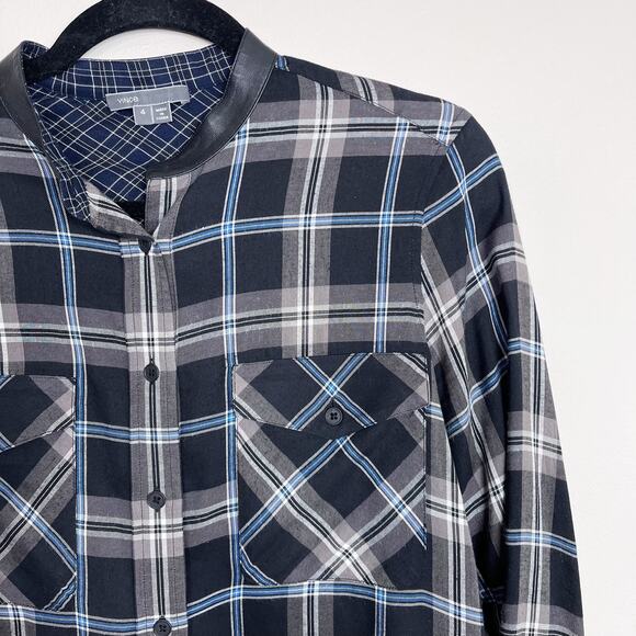 Vince Leather Trim Plaid Button Down Shirt Mandarin Collar Black Blue Womens 4 - Picture 3 of 8
